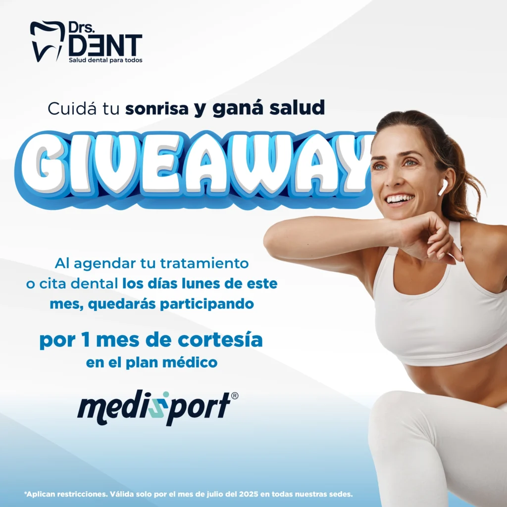 Cuidá tu sonrisa y ganá salud. GIVEAWAY. Al agendar tu tratamiento o cita dental los días lunes de este mes, quedarás participando por 1 mes de cortesía en el plan médico MediSport. *Aplican restricciones. Válida solo por el mes de julio del 2025 en todas nuestras sedes.