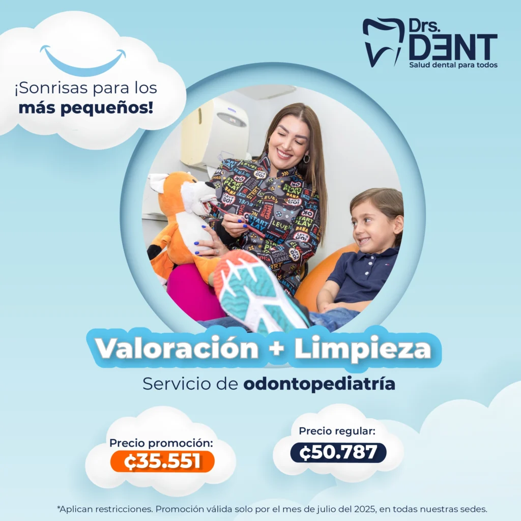 ¡Sonrisas para los más pequeños! Valoración + Limpieza. Servicio de odontopediatría. Precio promoción: ₡35.551. Precio regular ₡50.787. *Aplican restricciones. Promoción válida solo por el mes de julio del 2025, en todas nuestras sedes.